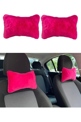 Yumuşak Tüylü Peluş Kürk Ortopedik Araba Seyahat Boyun Yastığı 2'li Fuşya Pembe