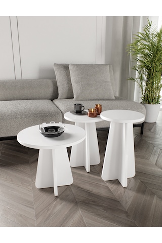 Mush 3lü Zigon Sehpa, Beyaz, Ceviz, Meşe, Traverten Desenli- Tamamı Mdf