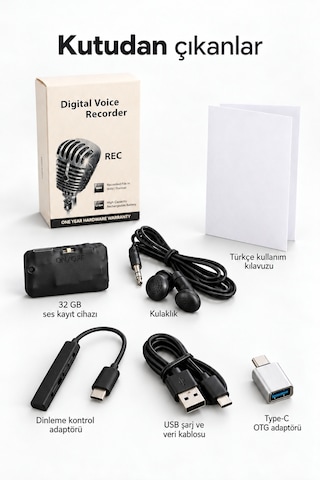 32 Gb Mini Ses Kayıt Cihazı 10 Güne Kadar Kesintisiz Kayıt, Sese Duyarlı, Kulaklık Ve Type-c Otg