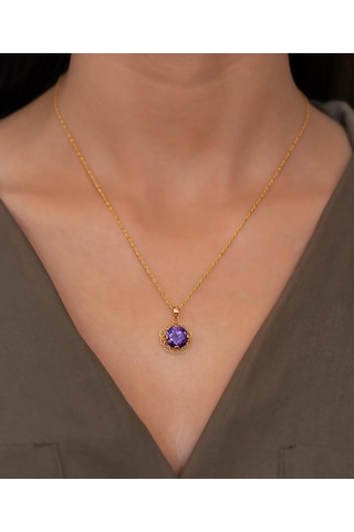 Bayar Gold 14 Ayar Altın Mor Güneş Taşlı Kolye Sarı Altın