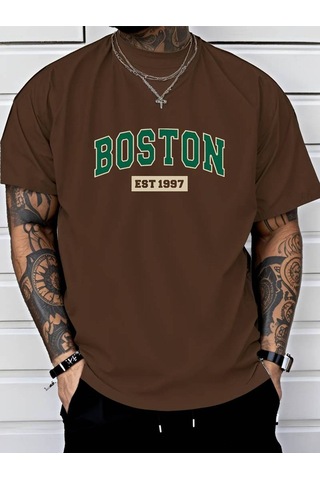 Noıssey Kahverengi Erkek Beyaz Siyah Gri Oversize Boston Est 1997 Baskılı Bisiklet Yaka