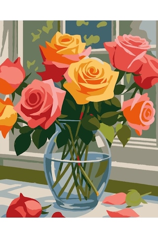 Denic Sayılarla Boyama Seti 40x50 Cm (Çıtalı) Fırça Boya Dahil Numaralı Tuval Cam Vazo Renkli Gül