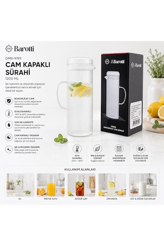 Barotti Dmr-9793 Cam Kapaklı Çizgili Desen Borosilikat Cam Sürahi 1200 Ml- 12'li Paket