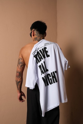 Technomonkey Unisex Beyaz Oversize Rave All Night Baskılı Techno Tişört