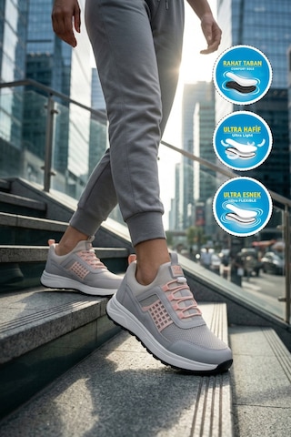 Walkway Buz Pudra Fileli Hafif Esnek Kilit Bağcıklı Unisex Spor Ayakkabı Motano G Buz-pudra