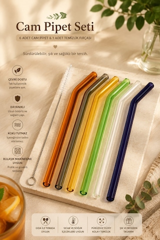 Perotti Straw 6'lı Renkli Cam Eğimli Isıya Dayanıklı Pipet