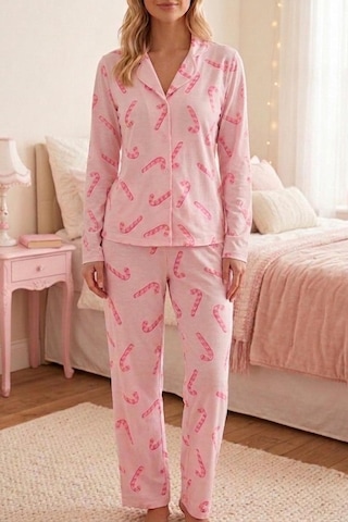 Fit Women Baston Şeker Desenli Uzun Kollu Pijama Takımı 4601 -pembe