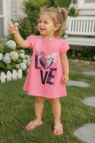 Babyhola Little Love %100 Pamuk Penye Kız Çocuk Yazlık Elbise 229199 Pembe