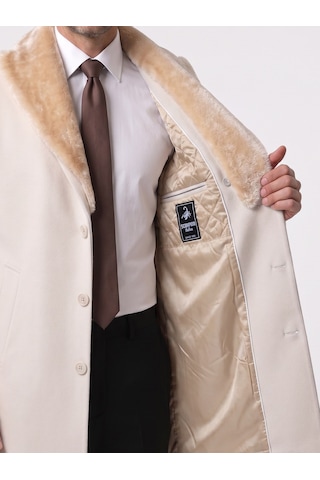 Plus Scorpion Erkek Uzun Kaşe Kaban Çıkartılabilir Kürk Yaka, Astarlı Ve Cepli Slim Fit Mont Krem