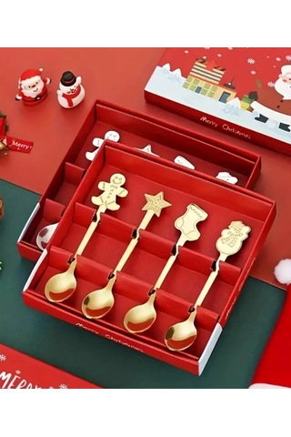 4 Lü Yılbaşı Kaşığı Seti Gold - Paslanmaz Çelik - Yılbaşı Hediyel
