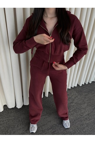 Laluvia Bordo %100 Pamuk Kapüşonlu Fitilli Takım - 51232 Bordo