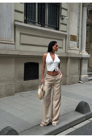 HLT Jeans Kadın Krem Baggy Beli Lastikli Keten Görünümlü %100 Pamuk Pantolon Emily-3018