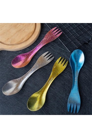Fortunelane Çok Renkli Saf Titan Spork - 16.5 Cm, 16 G, Mavi Buz Kristal Desenli Çok Renkli