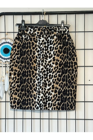 Dema Yüksek Bel Leopar Desenli Denim Kalem Etek / Günlük & Şık Kullanıma Uygun