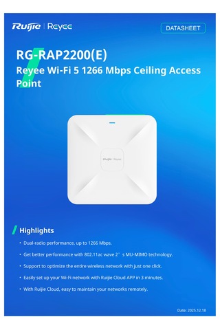 Ruıjıe Reyee Rg-rap2200 E Ac1300 2 Port 2x2mımo 2.4+5ghz Poe Indoor Ap