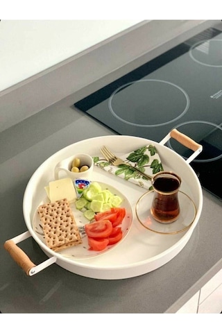 Qerhome 37cm Ahşap Kulplu Beyaz Metal Tepsi Yuvarlak Tepsi Çay Sunum Tepsisi Beyaz