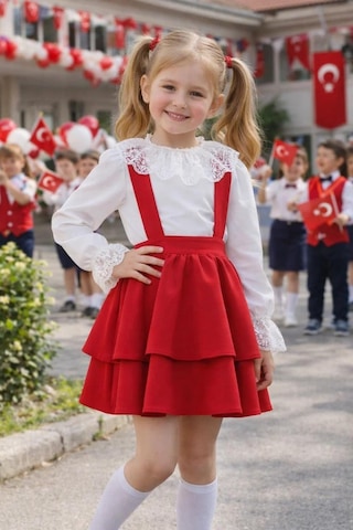 Miniko Kids 23 Nisan Kız Çocuk Uzun Kol Detaylı Bayramlık Salopet Etekli Takım Kırmızı