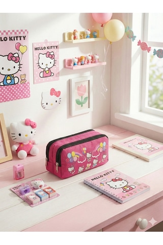 Hello Kitty Baskılı Çift Bölmeli Pembe Kız Çocuk Okul Kalemliği Pembe