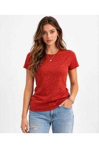 Efnaz Style Flam Kumaş Melanj Dokulu Regular Fit Tişört Bisiklet Yaka Yazlık T-shirt - Kiremit