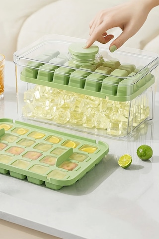 Tilbe Home 2'li Yeni Nesil Basmalı Çift Buz Kalıbı Buzluk Kapaklı Saklama Kutulu 56 Bölmeli Haznel Renkli
