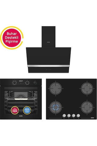 Simfer 11 Fonksiyon Steam Master Siyah 3'lü Ankastre Set (8244 Fırın + 3653 Ocak + 8738 Davlumbaz)