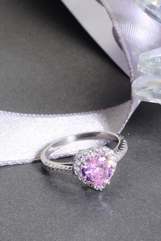 925 Ayar Gümüş Pembe Taşlı Kalp Yüzük Gümüş