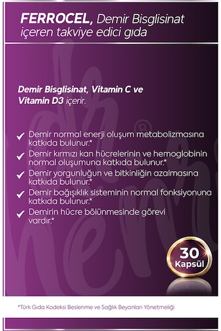 Dr. Henri Ferrocel Demir Bisglisinat Vitamin D3 ve Vitamin C 30 Kapsül
