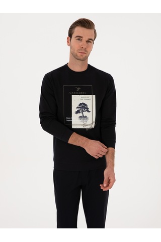 Lacivert Regular Fit Bisiklet Yaka Baskılı Sweatshirt