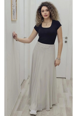 Bel Lastikli Kloş Şifon Etek 6003-taş Taş