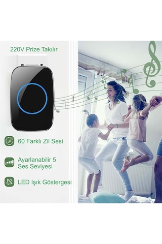 2 Buton 1 Alıcı Kablosuz Kapı Zili Ledli Modern 300metre Menzil 60 Çeşit Zil 5 Seviye Ses