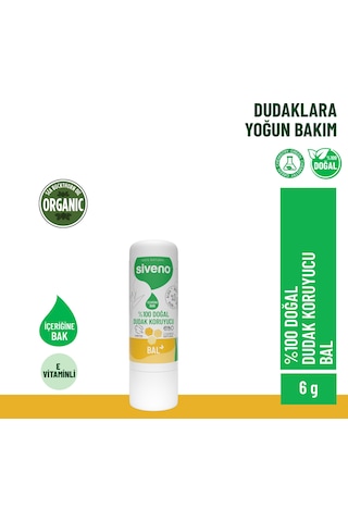 Siveno %100 Doğal Dudak Koruyucu Bal Bitkisel Lip Balm Dudak Kremi Nemlendirici Parlatıcı Onarıcı 6 G