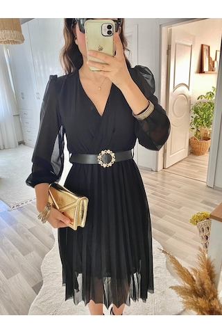 Kadın Şifon Kumaş Astalı Kloş Kesim Kruvaze Yaka Midi Boy Elbise Karışık