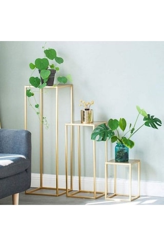 Pera Gold Metal Üçlü Set Çiçeklik Ve Saksılık