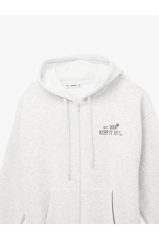 Koton Şardonlu Rahat Kalıp Cepli Uzun Kollu Fermuarlı Arkası Baskılı Kapüşonlu Sweatshirt Kar Melanj 6sal10260ık Gri Melanj