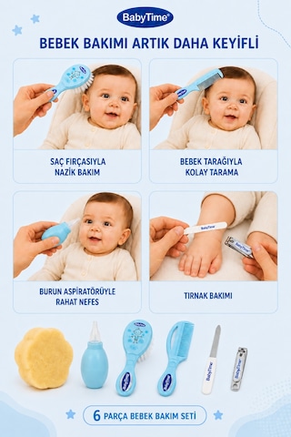 Babytime 6'lı Bebek Bakım Seti Mavi Burun Aspiratörü - Tarak - Fırça - Tırnak Makası ve Törpü Ak512