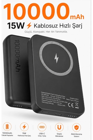 Exenar - Siyah - İphone İle Uyumlu Magsafe Powerbank Kablosuz 15w Hızlı Şarj 20w Usb-c Hızlı Şarj Qi