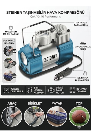 Steiner 12v Çakmaklık Girişli 150 Psi Mini Hava Kompresörü Mavi