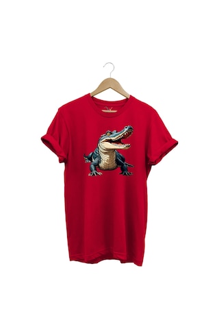 Timsah Baskılı %100 Pamuk Regular Fit T-shirt Kırmızı