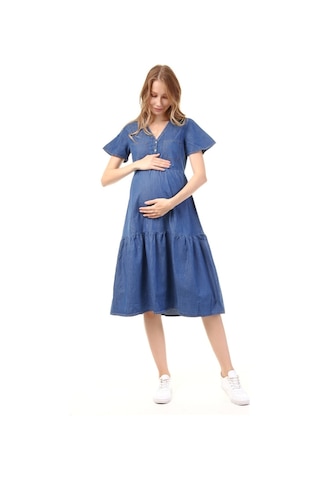Luvmabelly Myra5025 - Hamile Elbisesi Kot Düğmeli Ve Cepli - Mavi-mavi