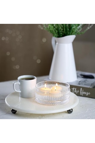 Akayev Mermer 28 CM Füme Boncuk Ayaklı Beyaz Yuvarlak Sunumluk