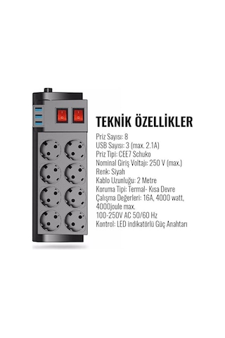 8'li Priz 4000watt Akım Korumalı Uzatma Kablosu / 2 Metre / 16a / Diğer