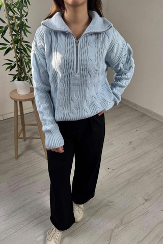 Explode - Kadın Mavi Fermuarlı Yaka Oversize Örgülü Triko Kazak Mavi