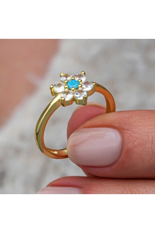 Gümüş Mavi Taşlı Gold Çiçek Kadın Yüzük Sl11531