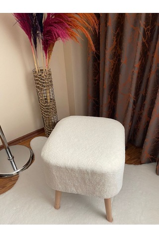 Kare Kesim Ahşap Ayaklı Teddy Kumaş Dekoratif Beyaz Renk Puf