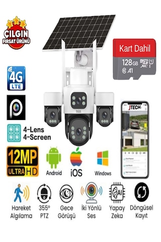 Inox X14 3mp+3mp+3mp+3mp 12mp 4g E-sim Kartlı 2xsolar Panelli 4 Lens 1 Ptz Akıllı Kamera + 128gb Sd Kart