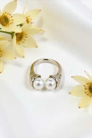 İncili Gümüş Renkli Ayarlanabilir Çelik Yüzük Gümüş