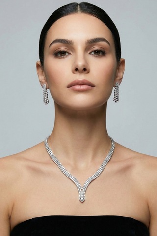Valmont Accessories Zarif Su Yolu Kolye Ve Küpe Takı Seti - Düğün, Kına, Nişan, Gelin Aksesuarı Gümüş
