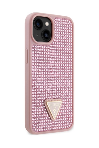 Apple iPhone 14 Uyumlu Kılıf Guess Lisanslı Taşlı Arka Yüzey Üçgen Logolu Kapak Pembe