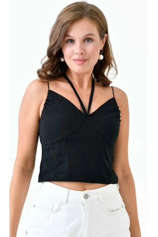 Vuvutasarım Kadın Krep Kumaş Boyun Bağlama Detaylı Askılı Siyah Crop Bluz 582455 Siyah