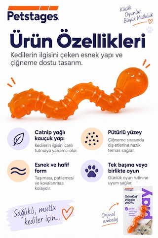 Petstages Orka Cat Wiggle Worm Renkli Solucan Şeklinde Catnipli Kedi Çiğneme Oyuncağı